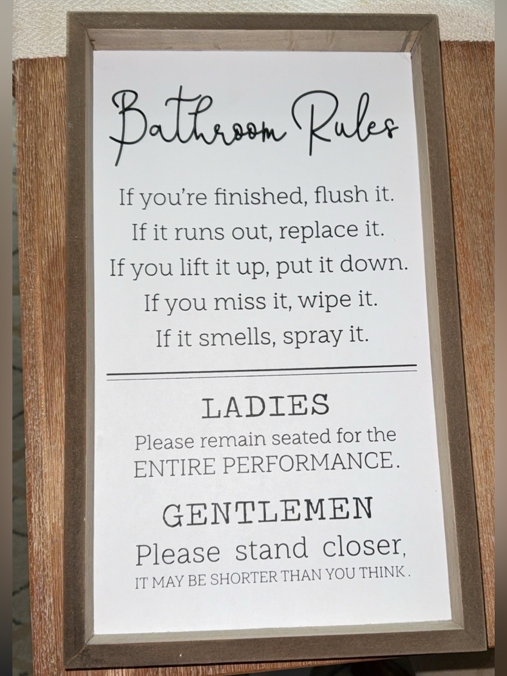 Bathroom Rules Wall Sign - White with Brown Frame